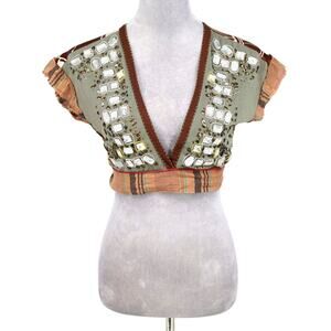 A Common Thread Top Womens Small Green Brown Beads Wrap Blouse Low Cut India